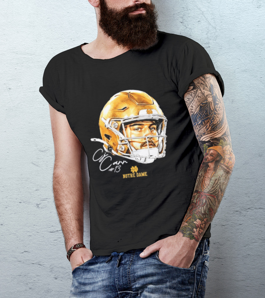 Notre Dame Football CJ Carr 13 NCAA Swag Helmet T-Shirt