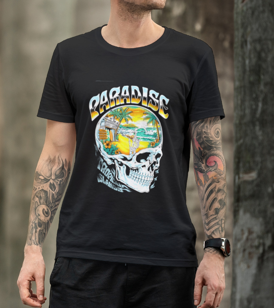 Paradise Tropical Island Skull Surf Shop Beach Scene T-Shirt