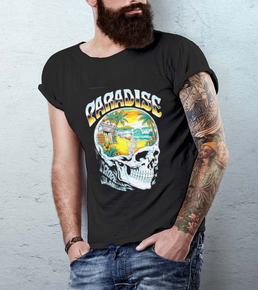Paradise Tropical Island Skull Surf Shop Beach Scene T-Shirt