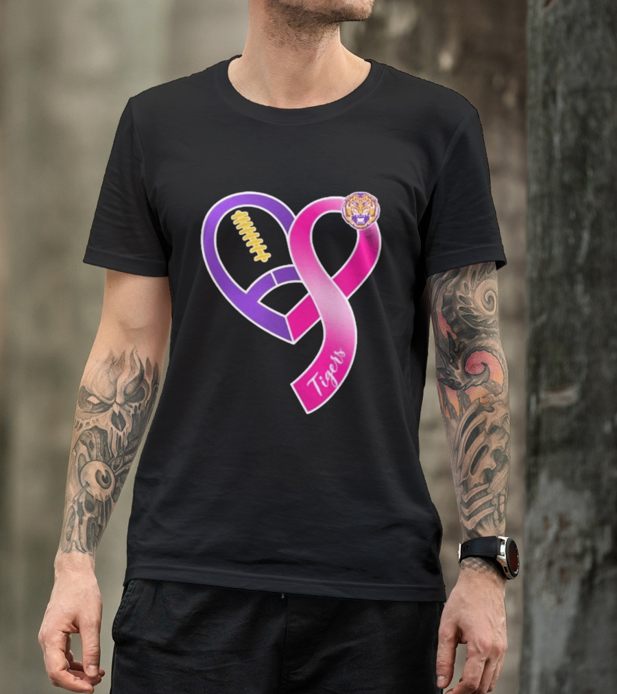 LSU Tigers Breast Cancer Awareness 2026 Heart Ribbon Football T-Shirt