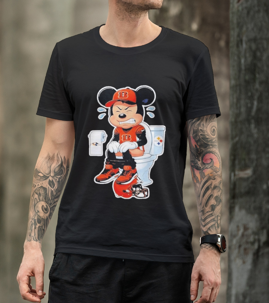 Mickey Cincinnati Bengals Mascot On Toilet Rival Baltimore Ravens Steelers Football Helmet T-Shirt
