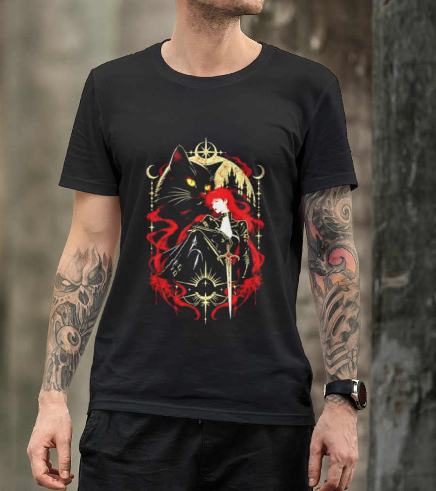 Gothic Red Haired Woman Black Cat Sword Magical T-Shirt