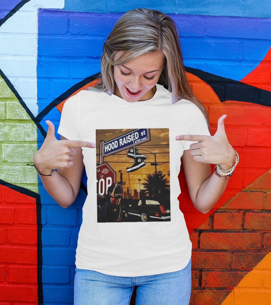 Hood Raised Street 4700 East Rottweiler Lowrider Sneakers And Sunset Urban Scene T-Shirt