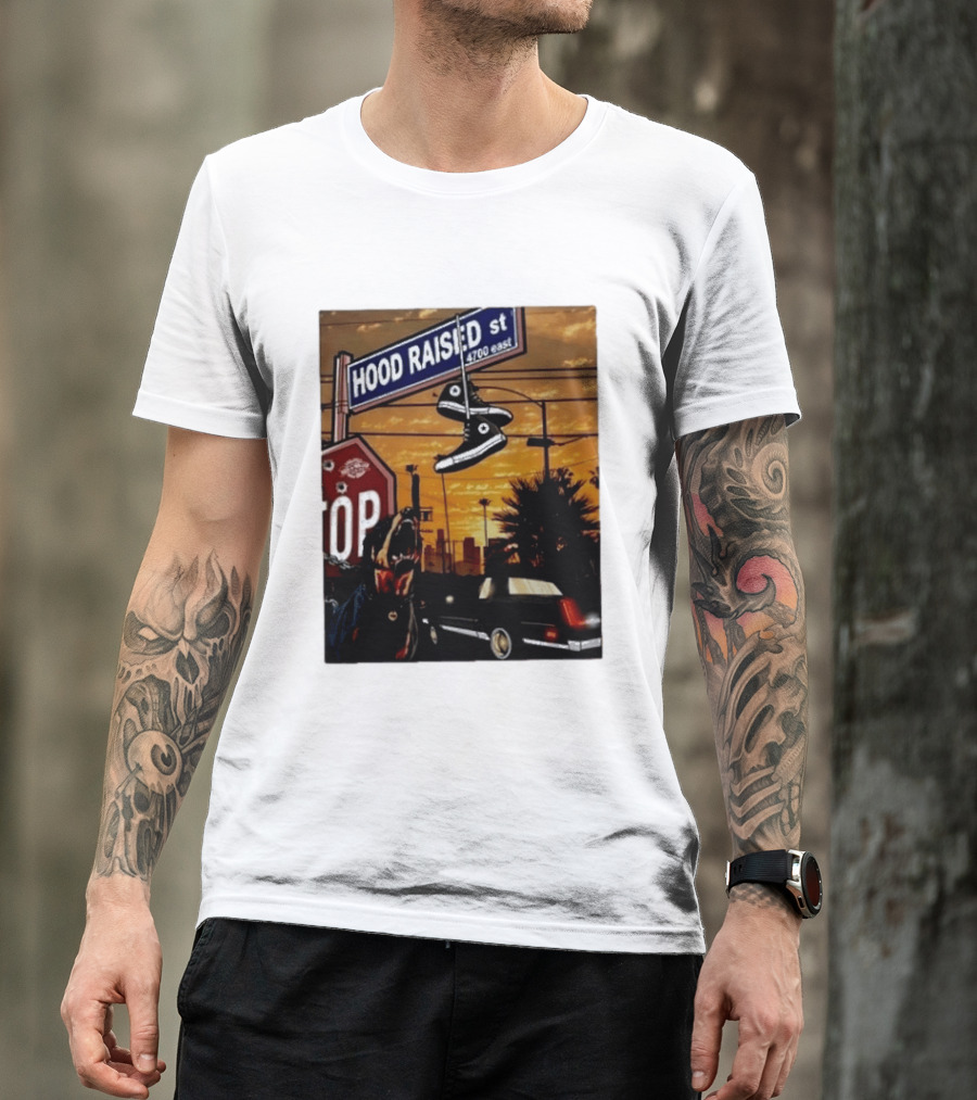 Hood Raised Street 4700 East Rottweiler Lowrider Sneakers And Sunset Urban Scene T-Shirt