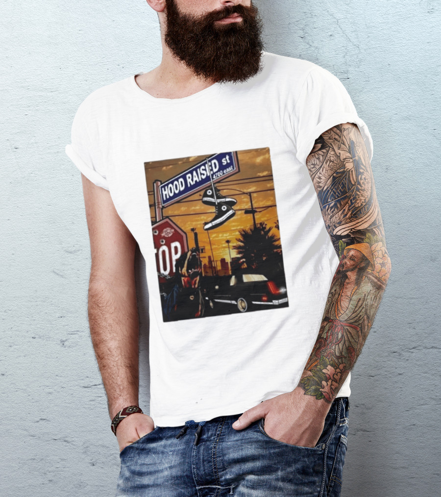 Hood Raised Street 4700 East Rottweiler Lowrider Sneakers And Sunset Urban Scene T-Shirt