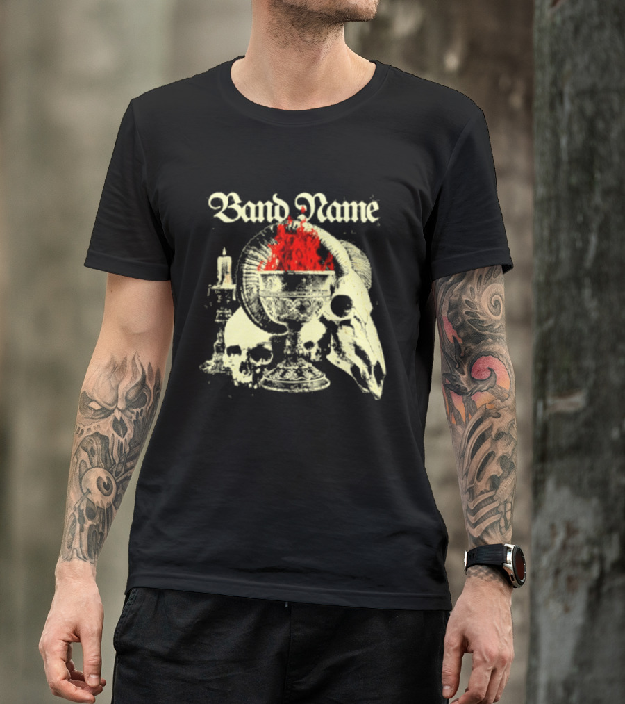 Band Name Skull Chalice Candle Flames Heavy Metal T-Shirt