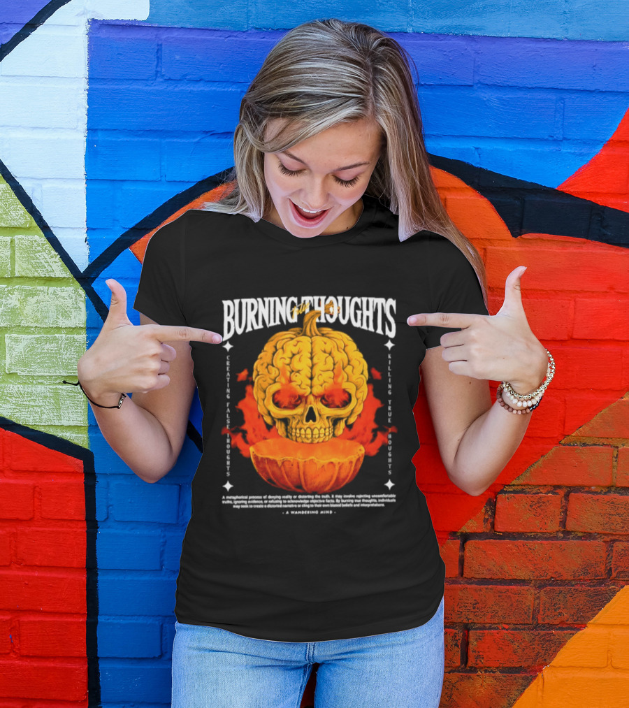 Burning Thoughts Halloween Skull Pumpkin Fire Poem T-Shirt