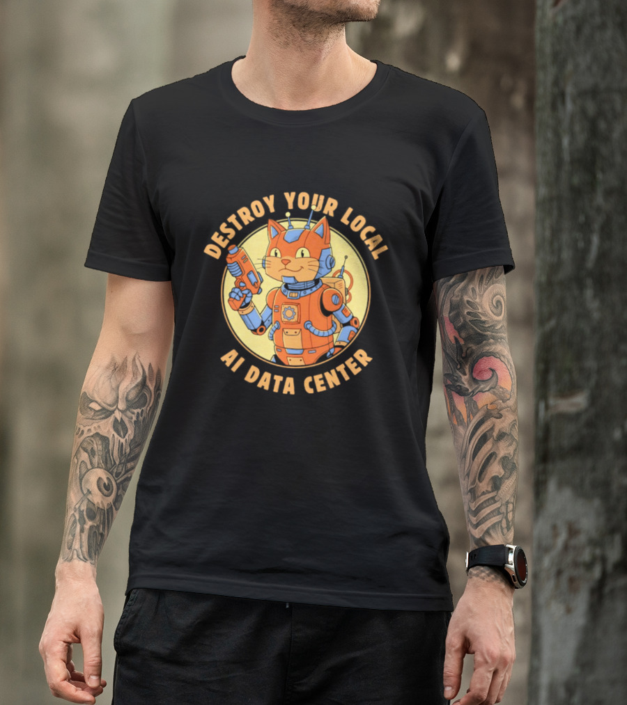Destroy Your Local AI Data Center Robot Cat Retro Futuristic T-Shirt