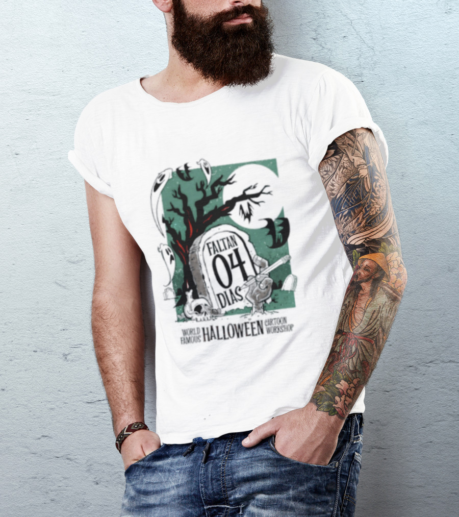 Faltan 04 Dias World Famous Halloween Cartoon Workshop Spooky Tree And Bats T-Shirt