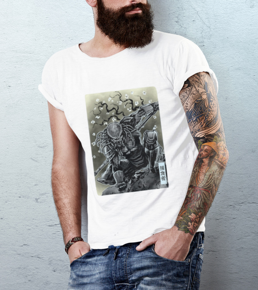 Yautja Samurai Mashup With Cherry Blossoms T-Shirt