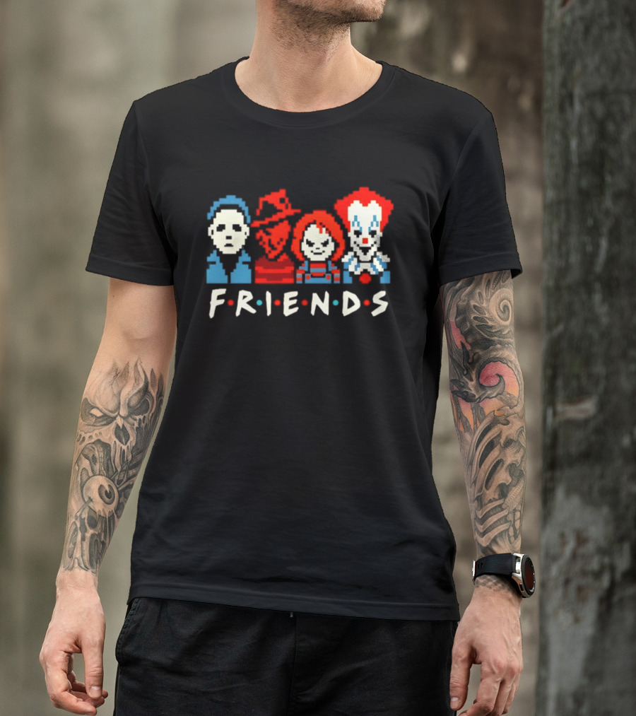 Friends Horror Movie Characters Pixel Art Michael Freddy Chucky Pennywise T-Shirt