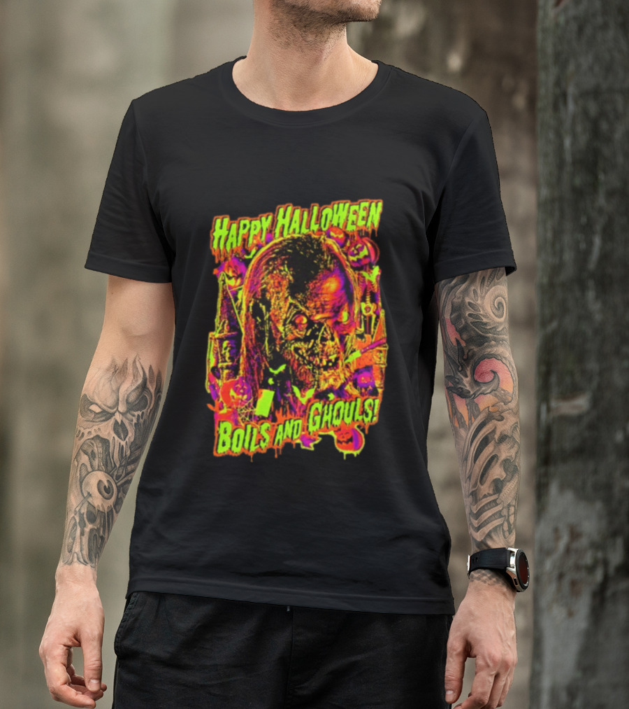 Happy Halloween Boils And Ghouls Horror Zombie Pumpkins Candles Spooky Scene T-Shirt