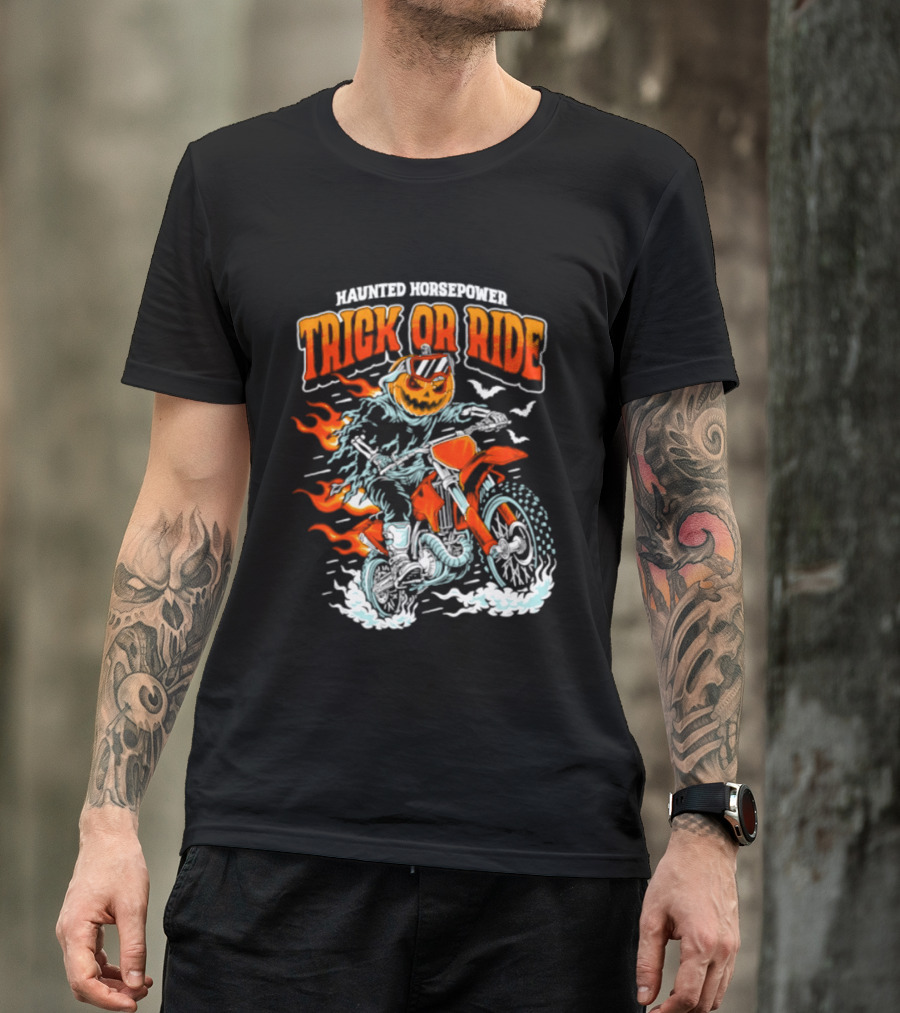 Haunted Horsepower Trick Or Ride Halloween Pumpkin Motorcycle Flames T-Shirt