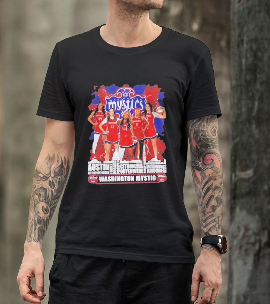 Washington Mystics Roster WNBA Basketball Skyline Austin Littlepage Buggs Poole Citron Onyenwere Amihere Olsen McMahon Amooore T-Shirt