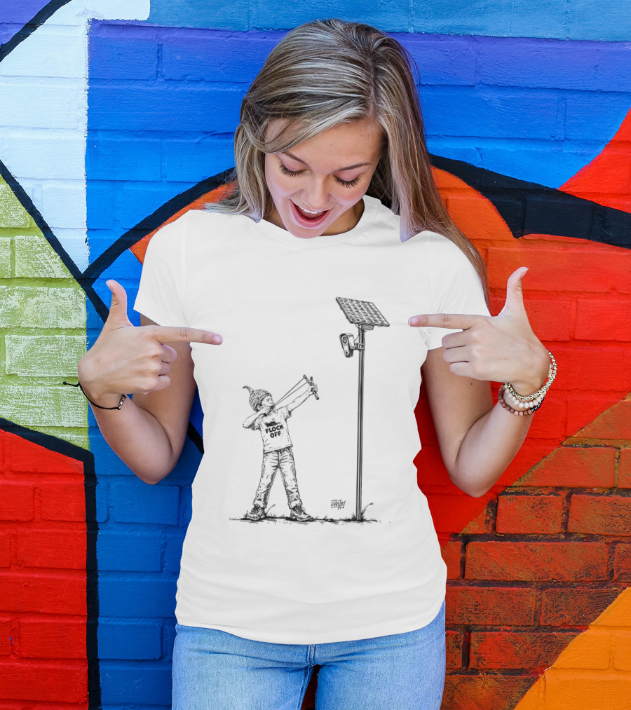 Boy With Slingshot Targeting Solar Camera Flock Off T-Shirt