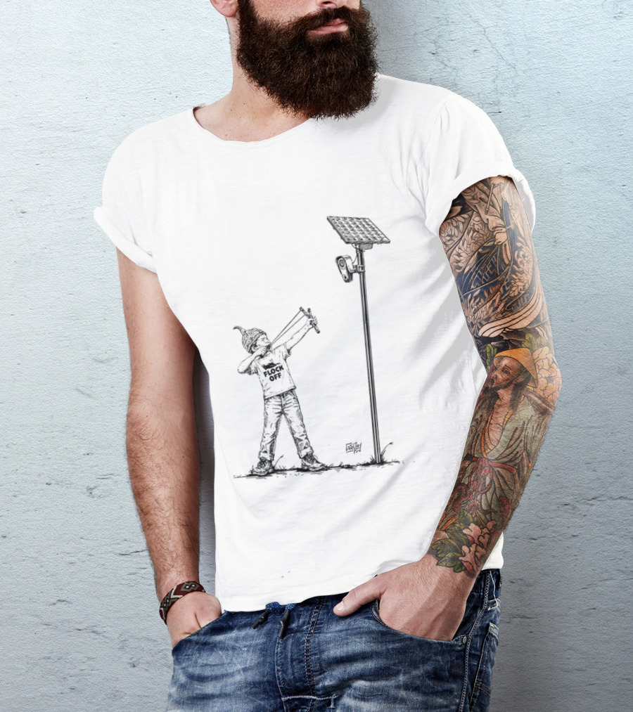 Boy With Slingshot Targeting Solar Camera Flock Off T-Shirt