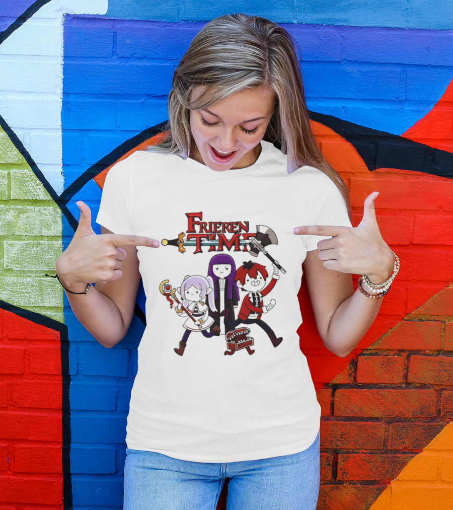 Frieren Time Adventure Time Anime Crossover Characters With Weapons And Staff T-Shirt