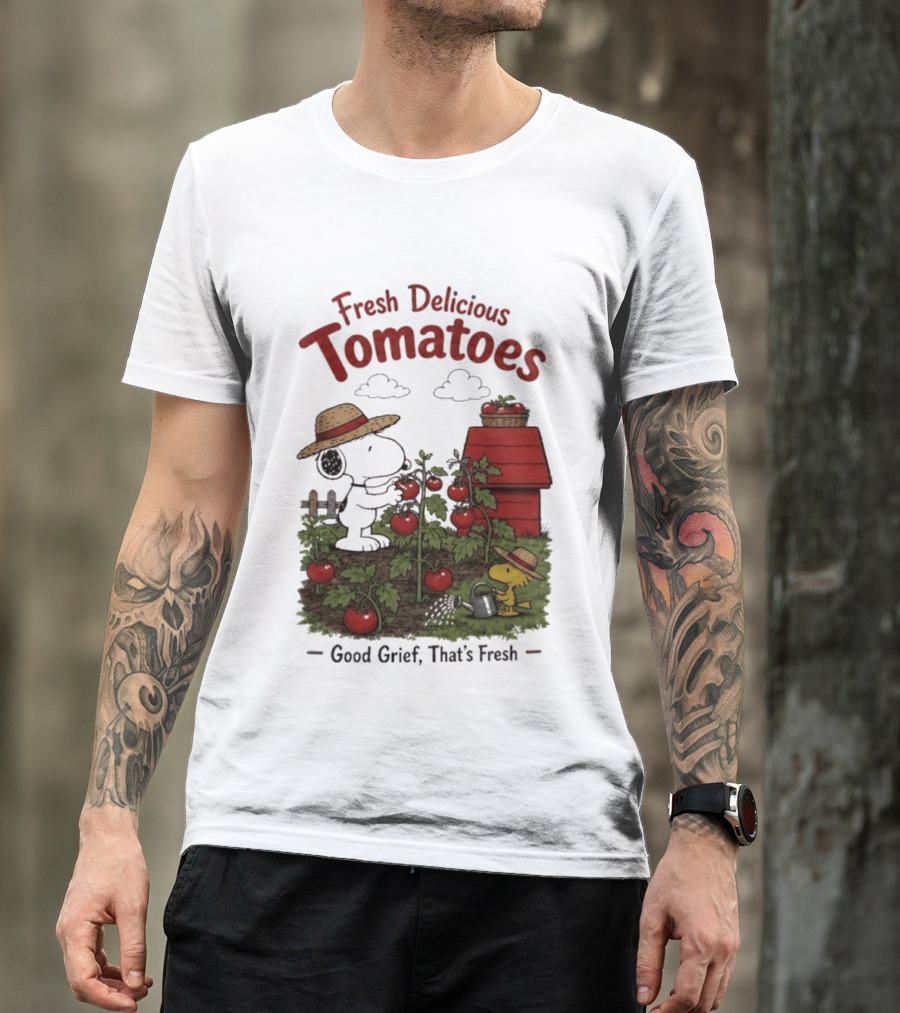 Snoopy Fresh Delicious Tomatoes Good Grief That's Fresh Garden Scene T-Shirt