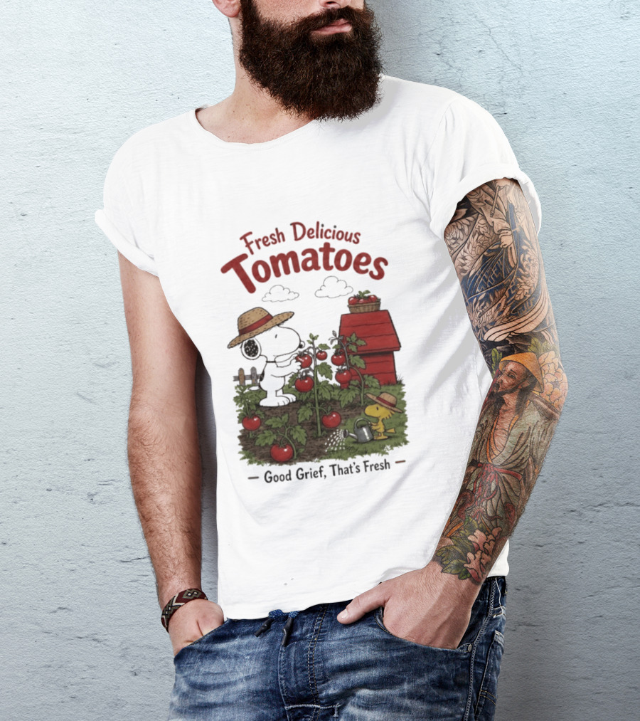 Snoopy Fresh Delicious Tomatoes Good Grief That's Fresh Garden Scene T-Shirt