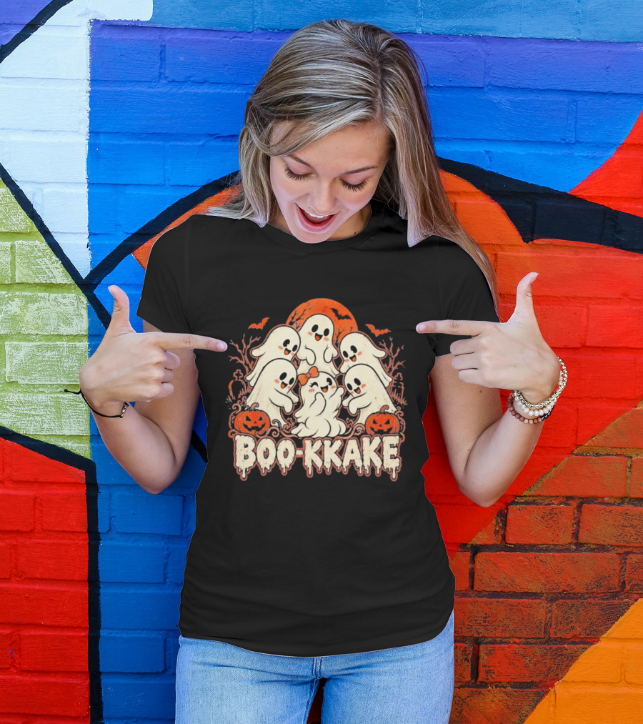 Boo Kkake Japanese Halloween Ghosts Pumpkins Bats Orange Moon T-Shirt