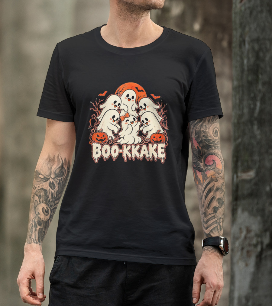 Boo Kkake Japanese Halloween Ghosts Pumpkins Bats Orange Moon T-Shirt