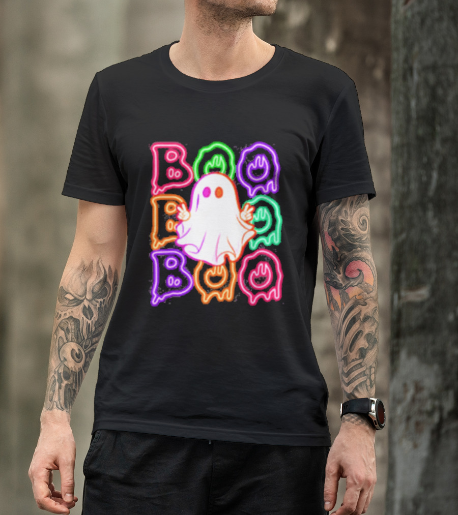 Ghost Boo Neon Halloween Spooky Bright T-Shirt