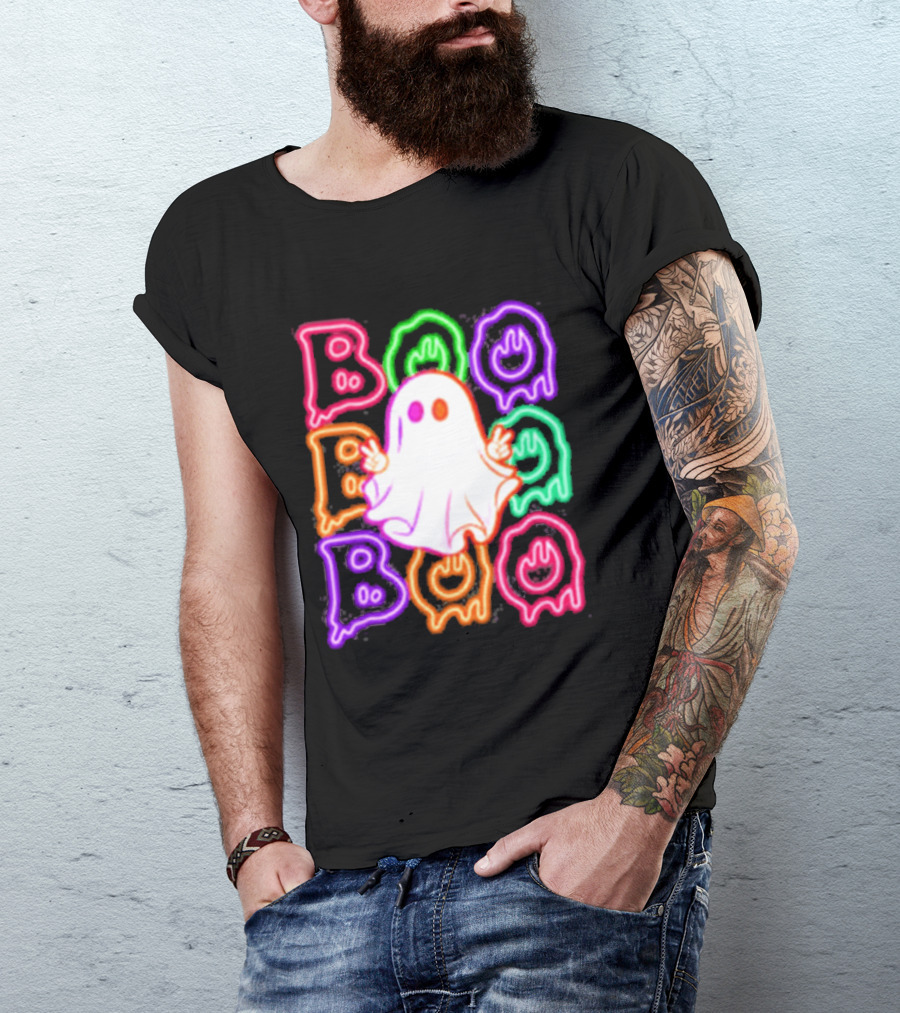 Ghost Boo Neon Halloween Spooky Bright T-Shirt