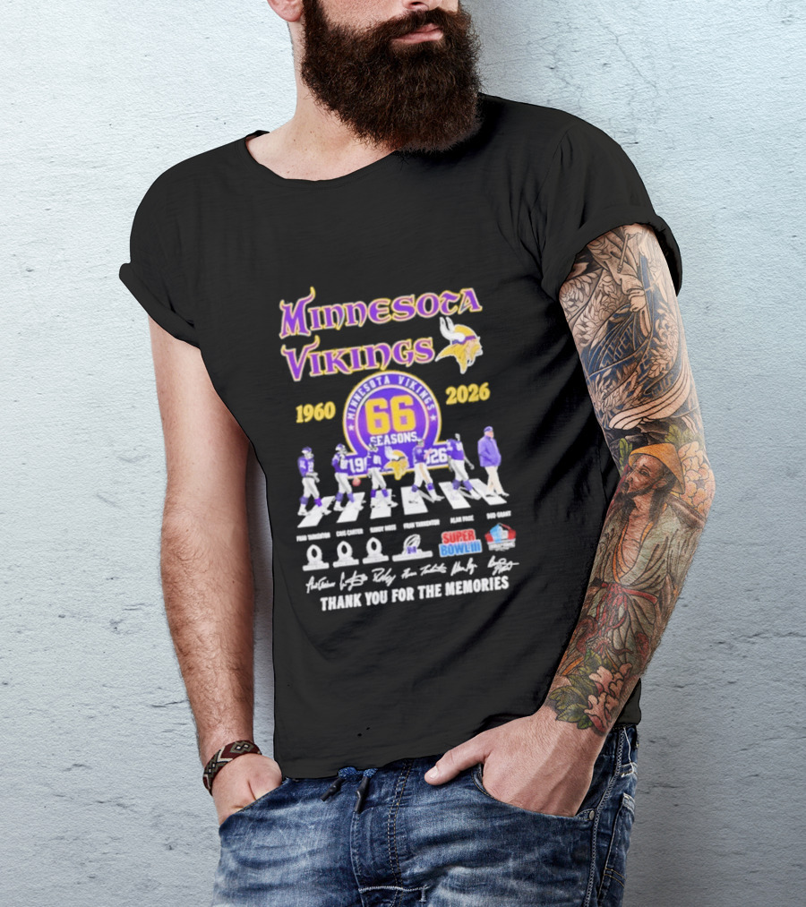 Minnesota Vikings 66 Seasons 1960 2026 Abbey Road Fran Tarkenton Cris Carter Randy Moss Alan Page Bud Grant Super Bowl Thank You For The Memories T-Shirt