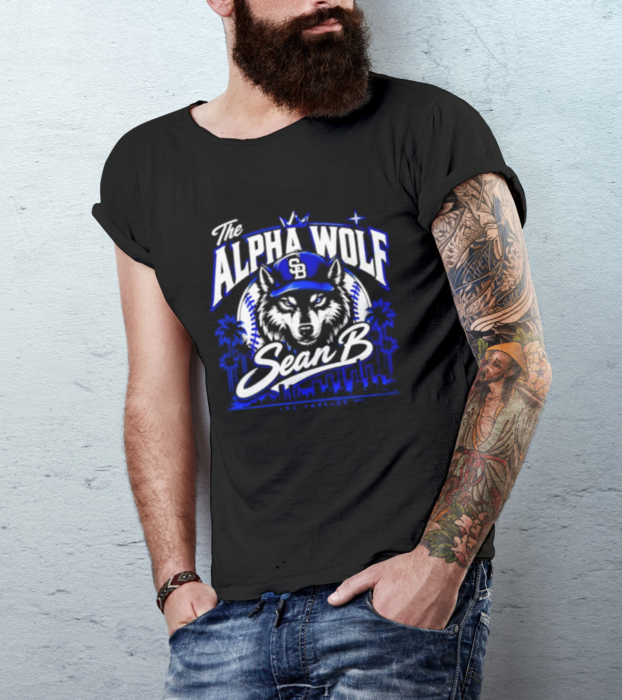 The Alpha Wolf Sean B LA Dodgers Skyline Wolf Baseball Cap Stars Palms T-Shirt