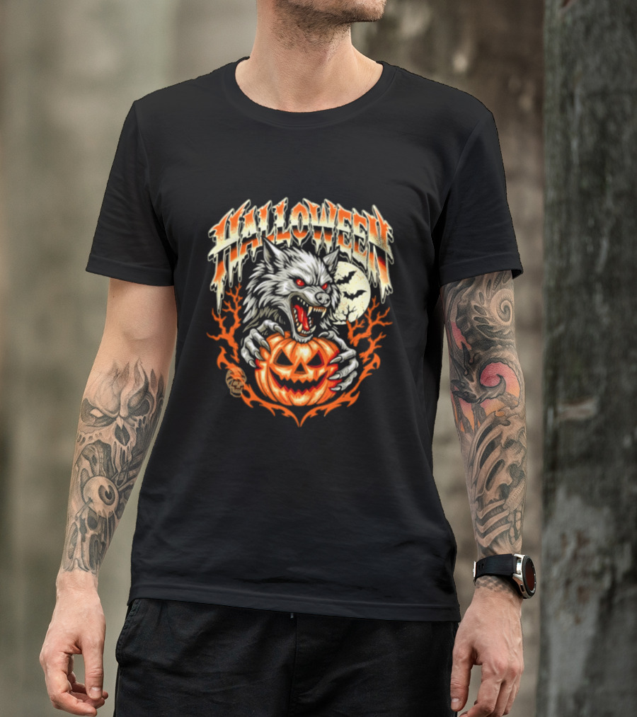 Halloween Werewolf With Jack O' Lantern And Full Moon T-Shirt