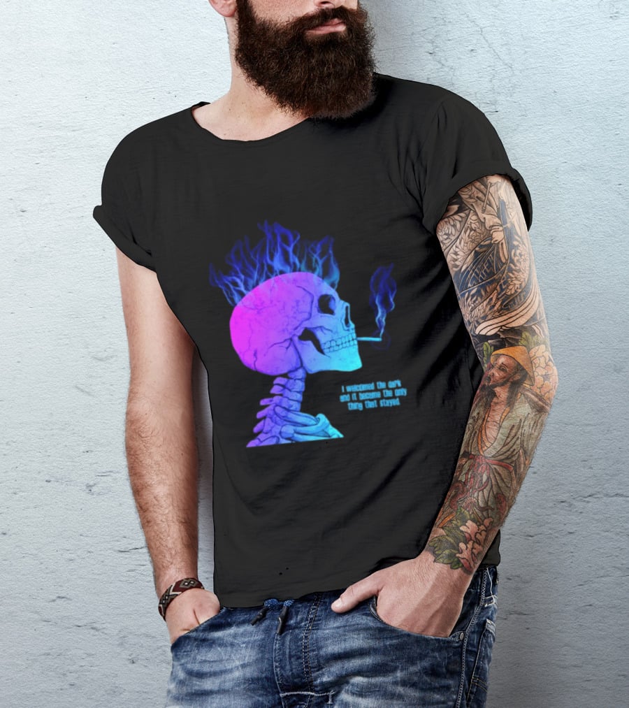 I Welcomed The Dark And It Became The Only Thing That Stayed Skull Smoking Blue Fire Hair T-Shirt