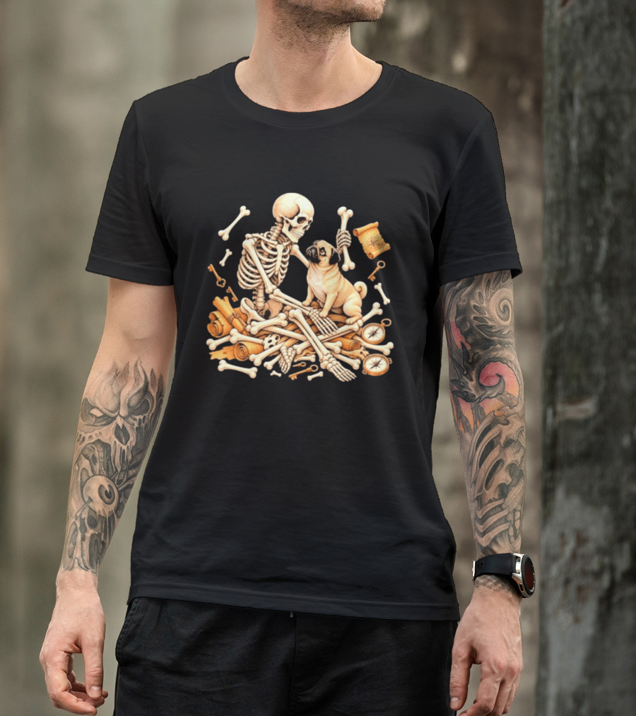 Skeleton And Pug With Bones And Scrolls Halloween Adventure T-Shirt