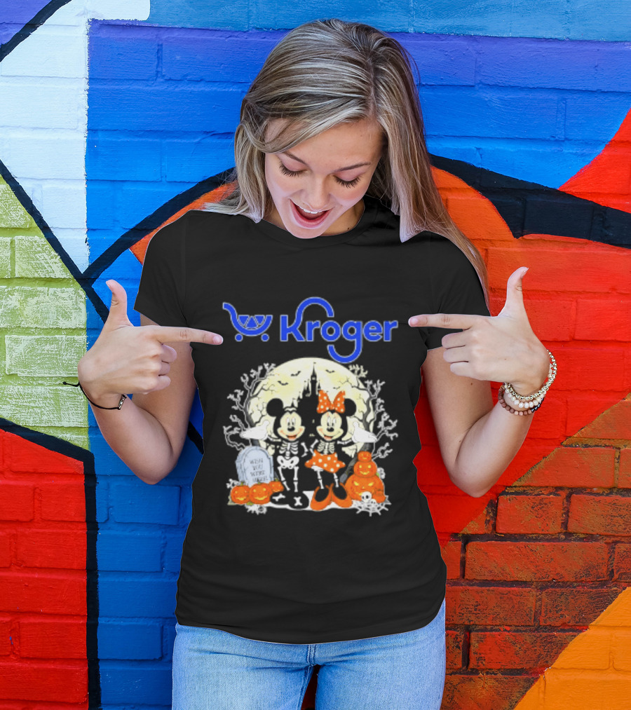 Kroger Mickey And Minnie Mouse Skeleton Halloween Pumpkins And Gravestone T-Shirt