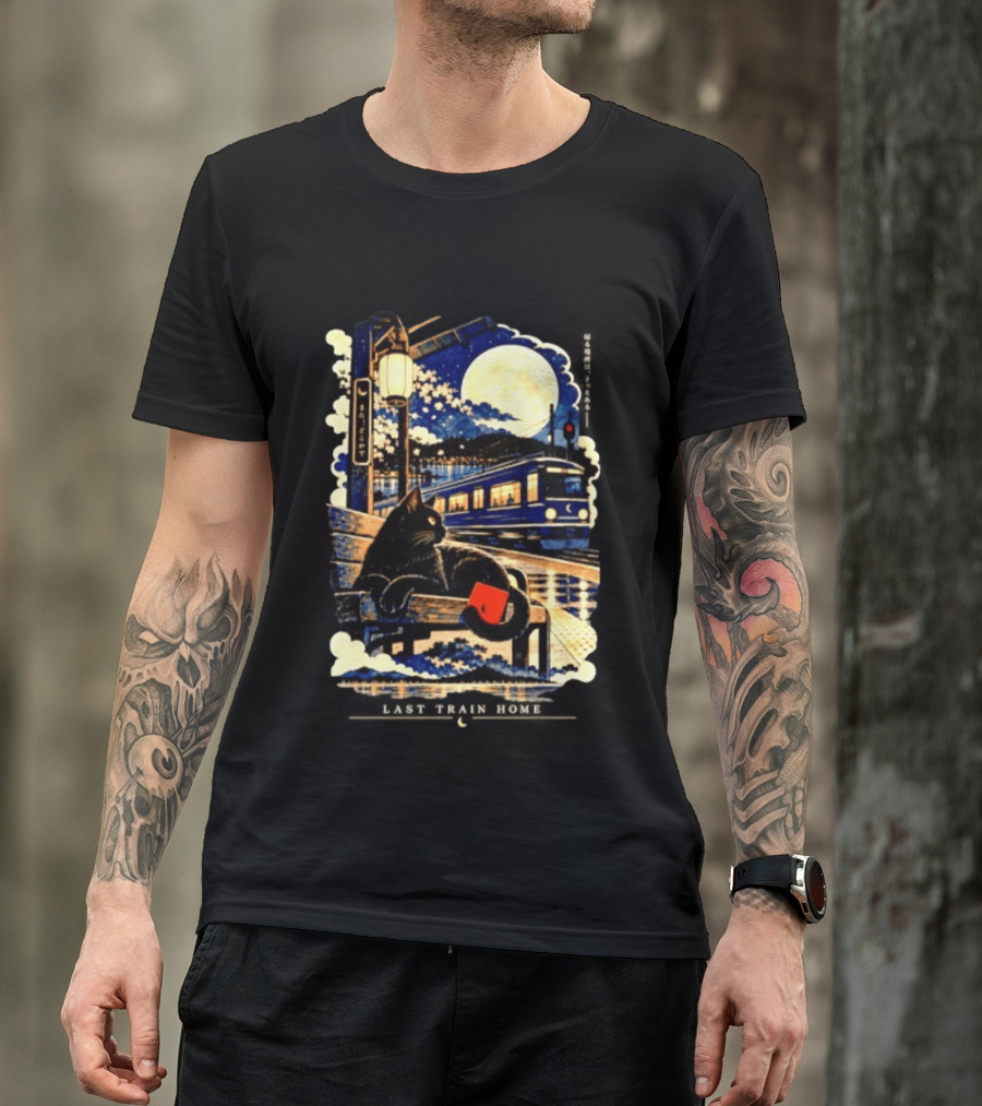 Last Train Home Black Cat Under Moonlit Sky Japanese Aesthetic T-Shirt