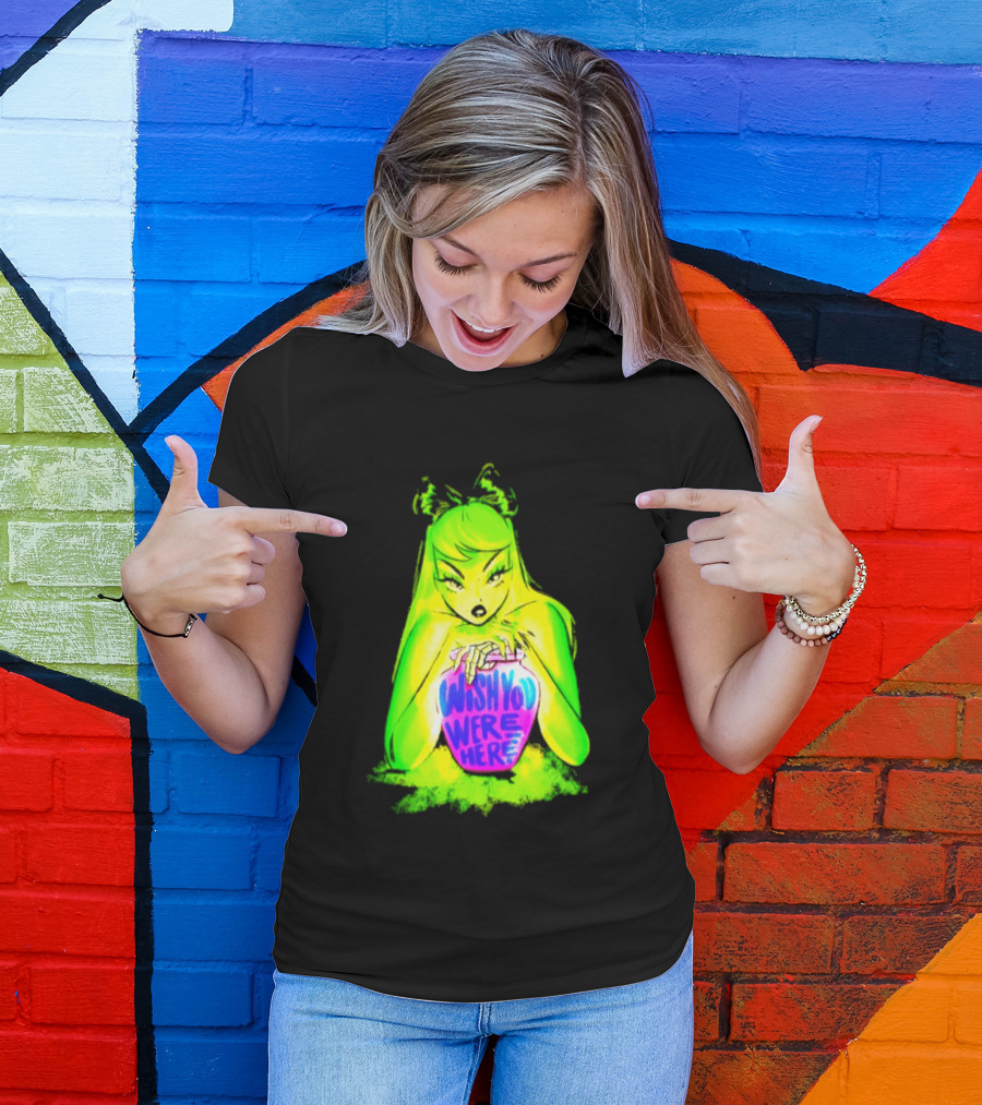 Wish You Were Here Skeleton Urn Goth Spooky Green Yellow Pink Ghostly Aesthetic T-Shirt