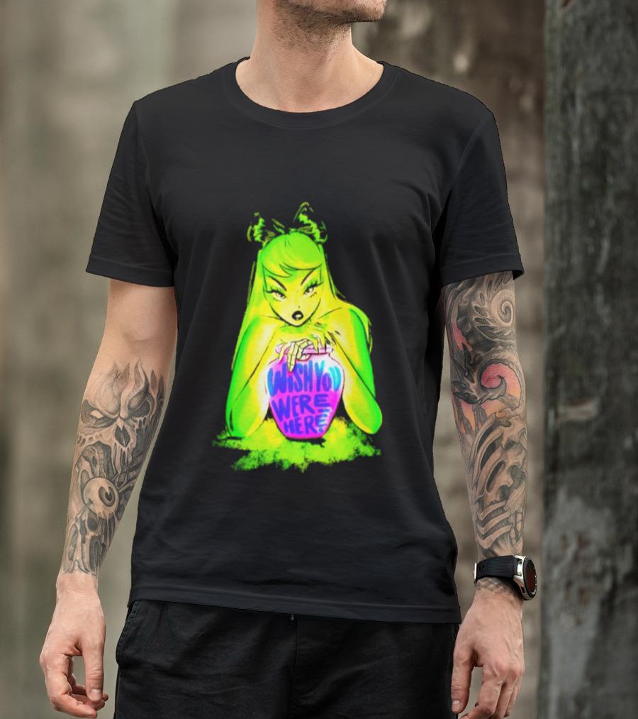Wish You Were Here Skeleton Urn Goth Spooky Green Yellow Pink Ghostly Aesthetic T-Shirt