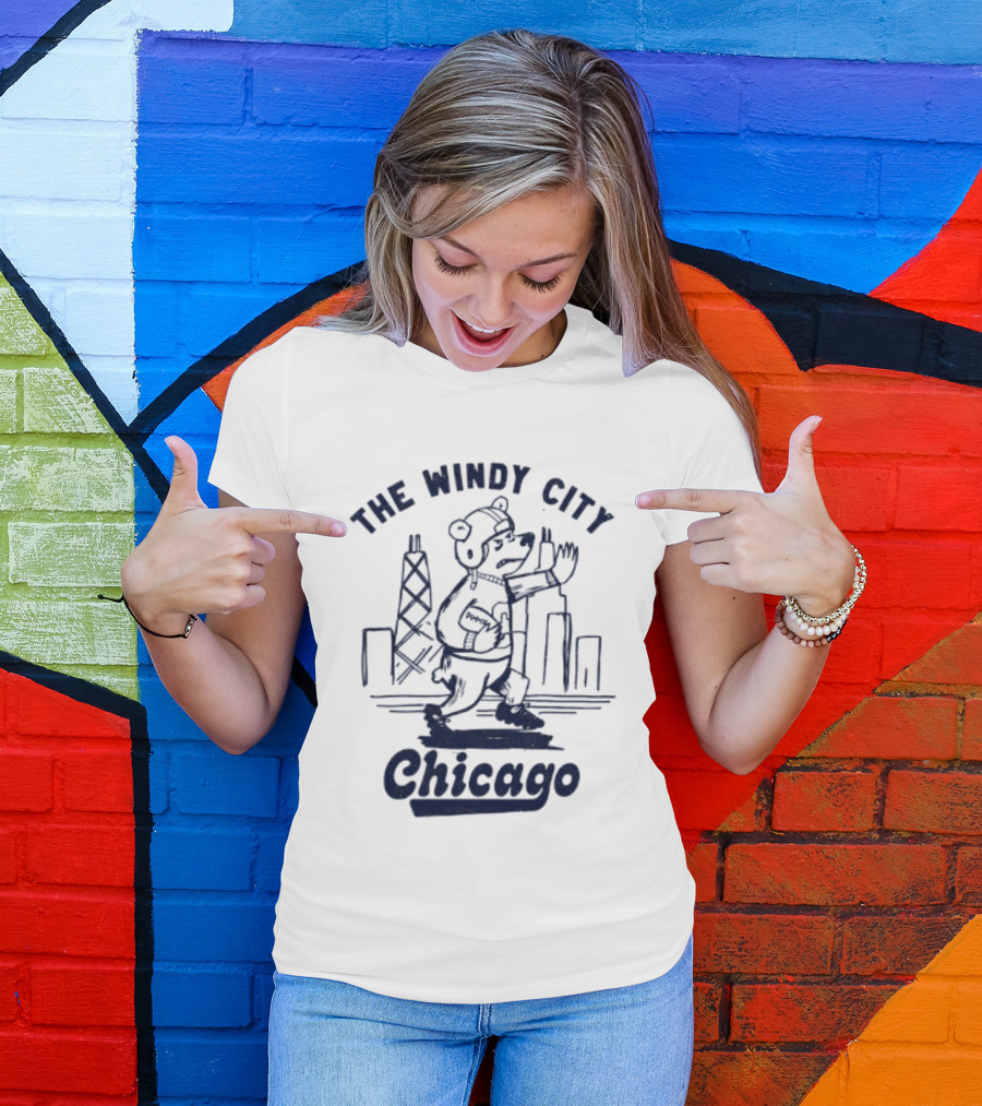 Chicago Bears The Windy City Football Character And Skyline T-Shirt