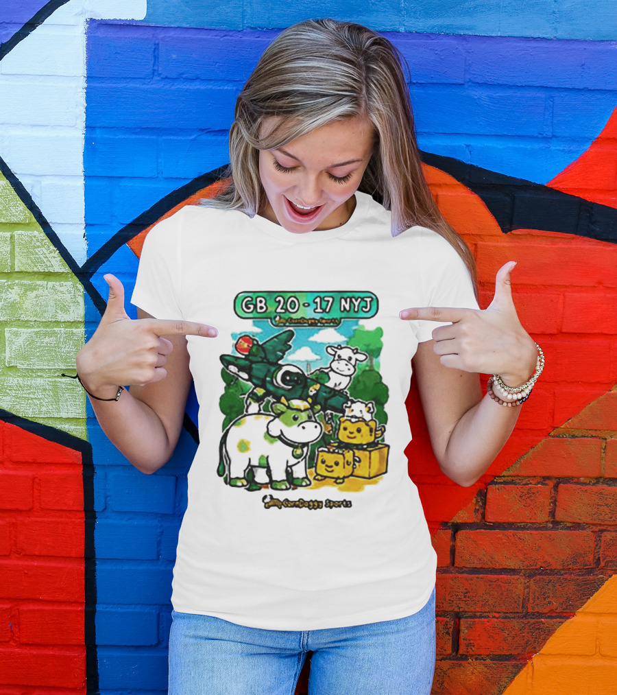 GB 20 17 NYJ Green Bay Football Green Cow Jet Cartoon Game Day T-Shirt