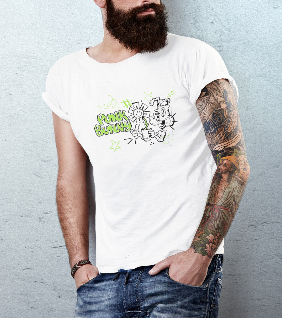 Punk Bunny Green Day Coffee Flower Light Blue T-Shirt