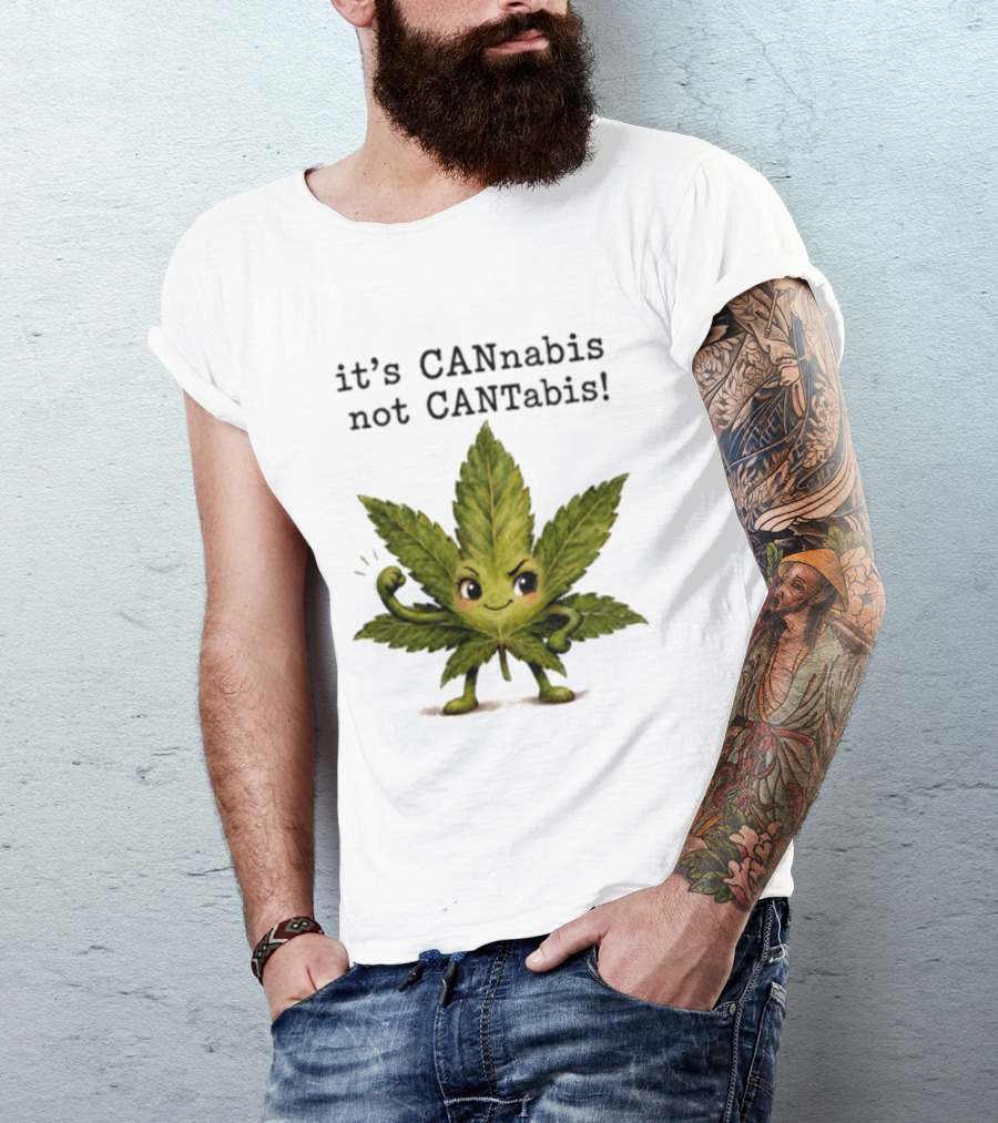 Cannabis Leaf Character It's CANnabis Not CANtabis Winking Cartoon T-Shirt