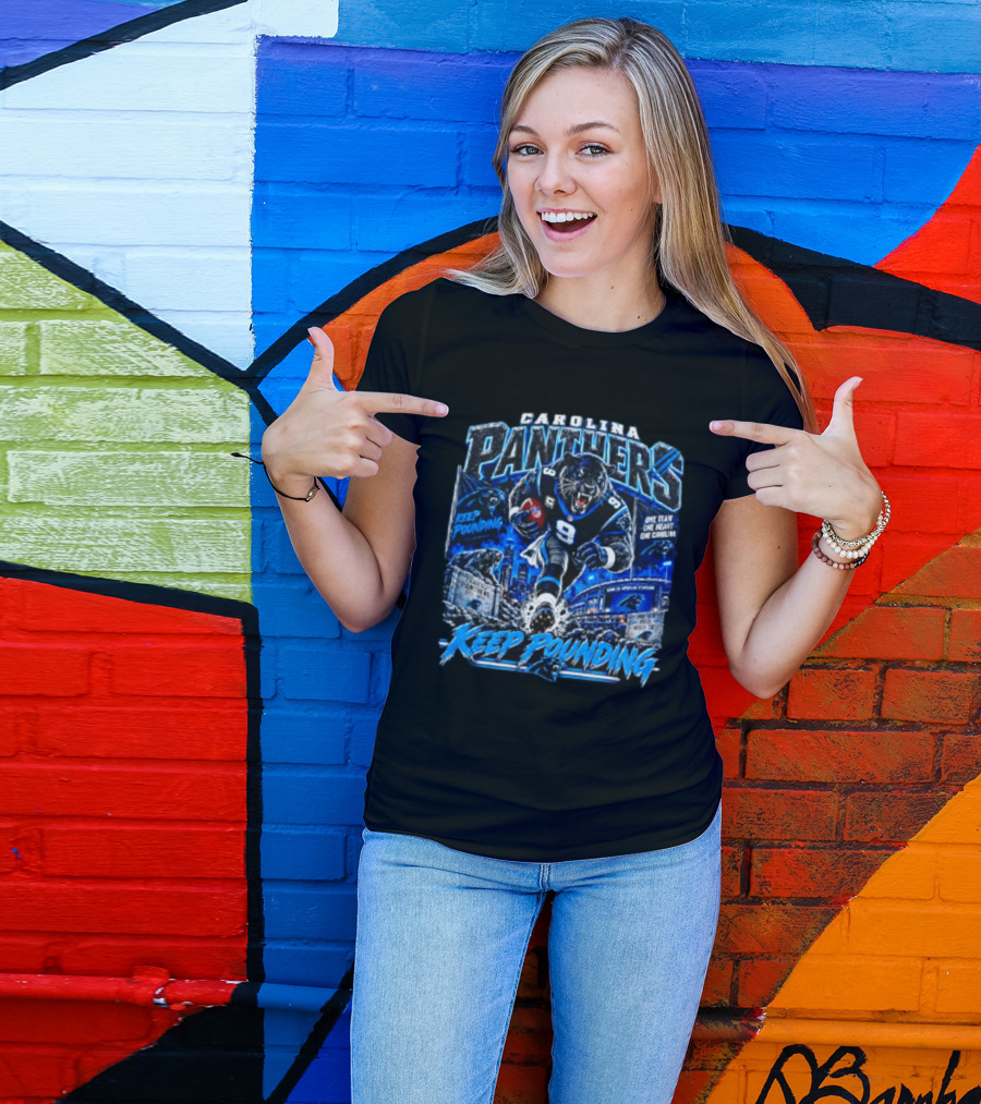 Carolina Panthers Keep Pounding One Team One Heart One Carolina Panthers 9 Football Player City Skyline T-Shirt