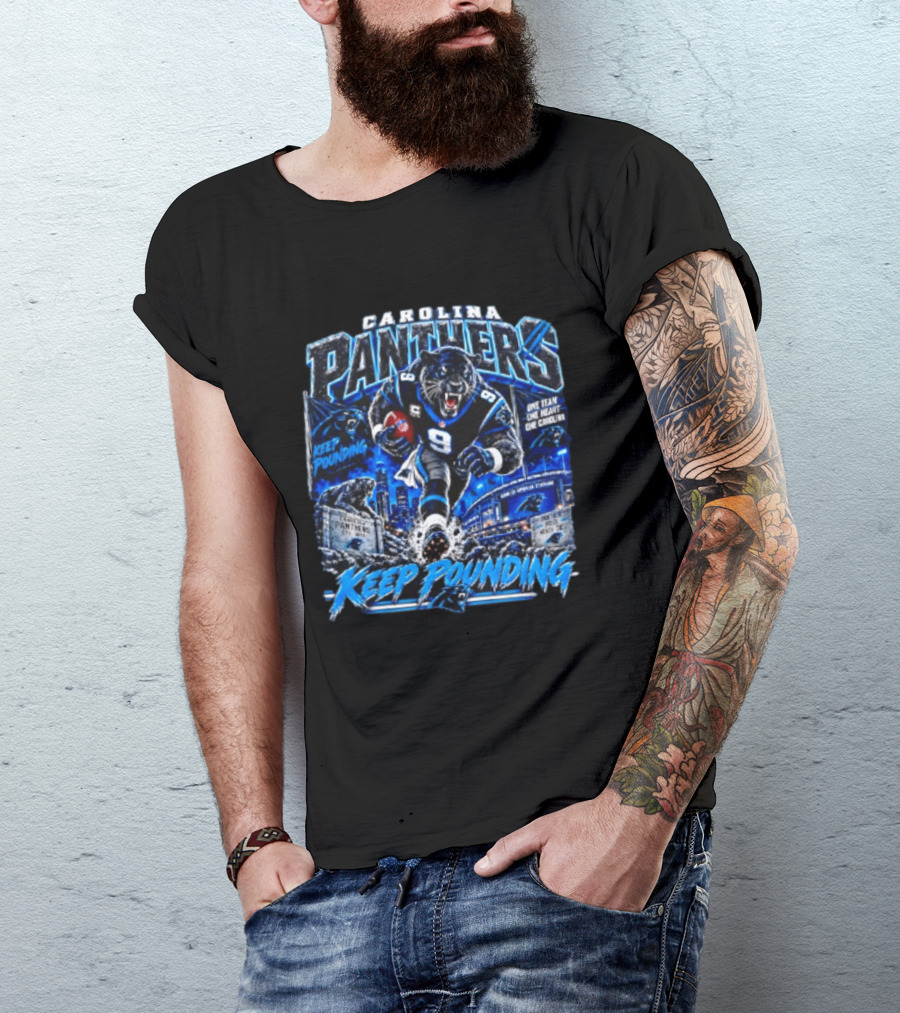 Carolina Panthers Keep Pounding One Team One Heart One Carolina Panthers 9 Football Player City Skyline T-Shirt