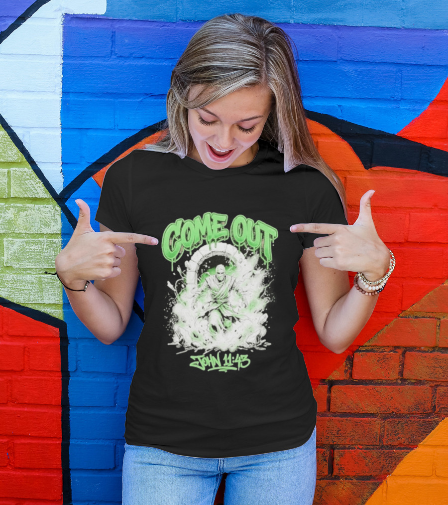 Come Out John 11 43 Mummy Bible Verse Green Drip T-Shirt