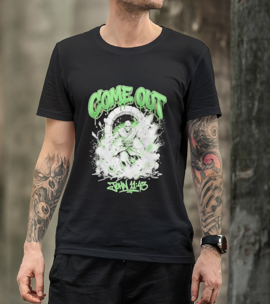 Come Out John 11 43 Mummy Bible Verse Green Drip T-Shirt