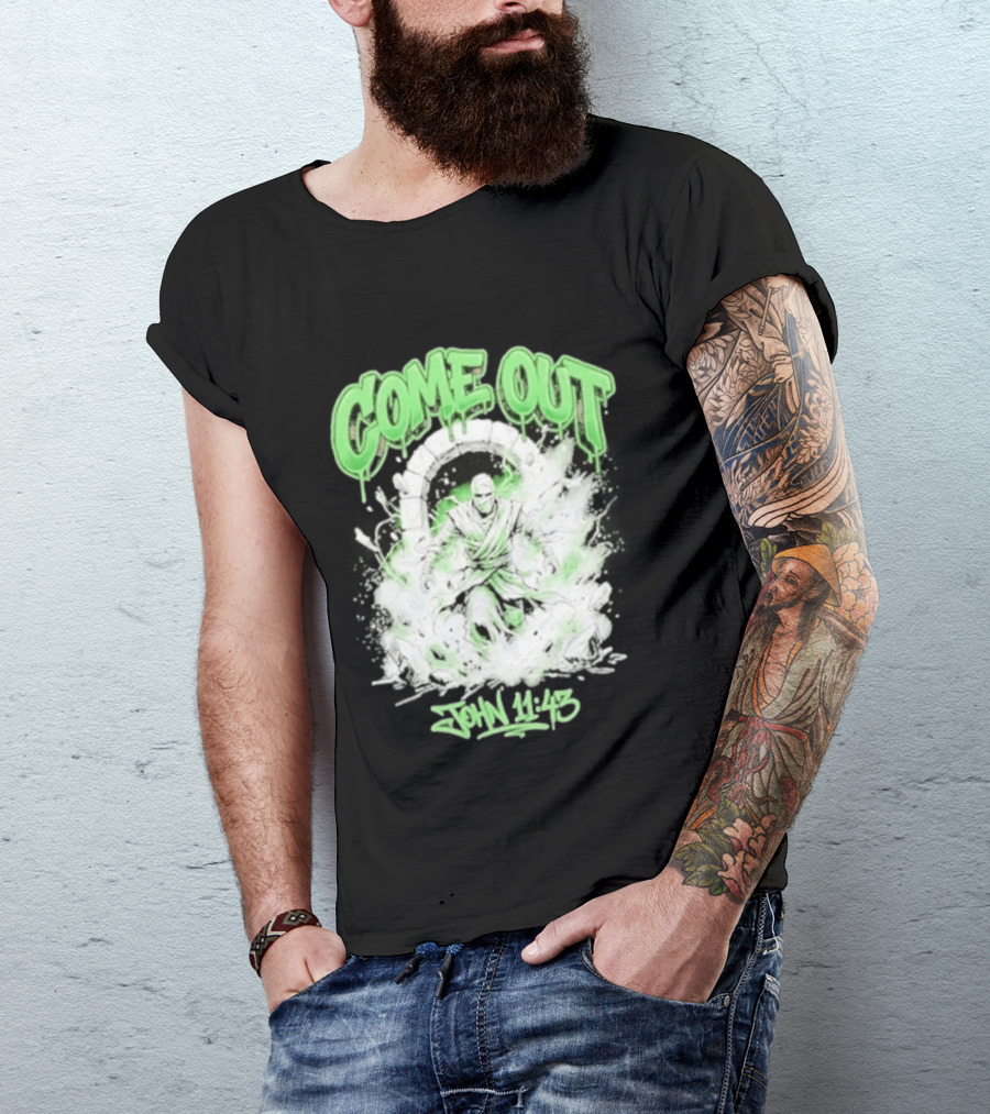 Come Out John 11 43 Mummy Bible Verse Green Drip T-Shirt