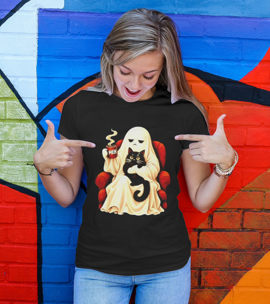 Ghost And Black Cat On Red Chair With Meh Coffee T-Shirt