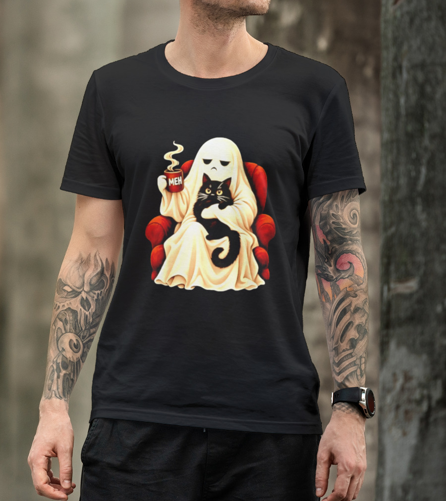 Ghost And Black Cat On Red Chair With Meh Coffee T-Shirt