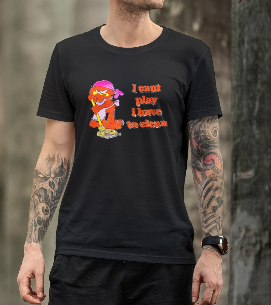 Garfield I Can't Play I Have To Clean Comic Image With Mop And Bandana T-Shirt