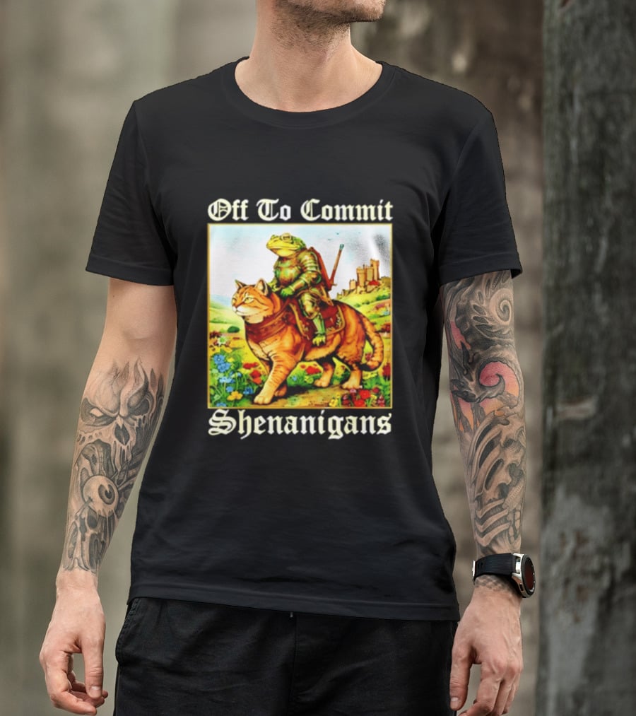 Off To Commit Shenanigans Frog Knight Riding Cat Medieval Adventure T-Shirt