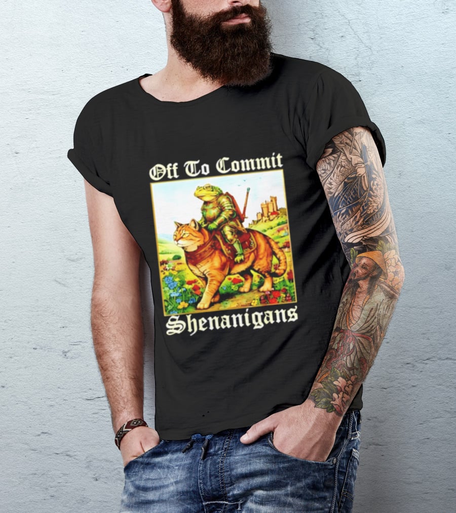 Off To Commit Shenanigans Frog Knight Riding Cat Medieval Adventure T-Shirt